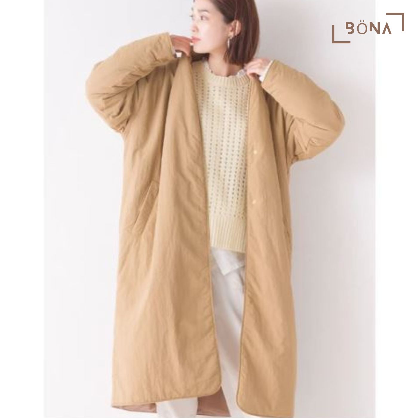 防潑水無縫無領長款大衣 Water-repellent Stitchless No-collar Long Coat